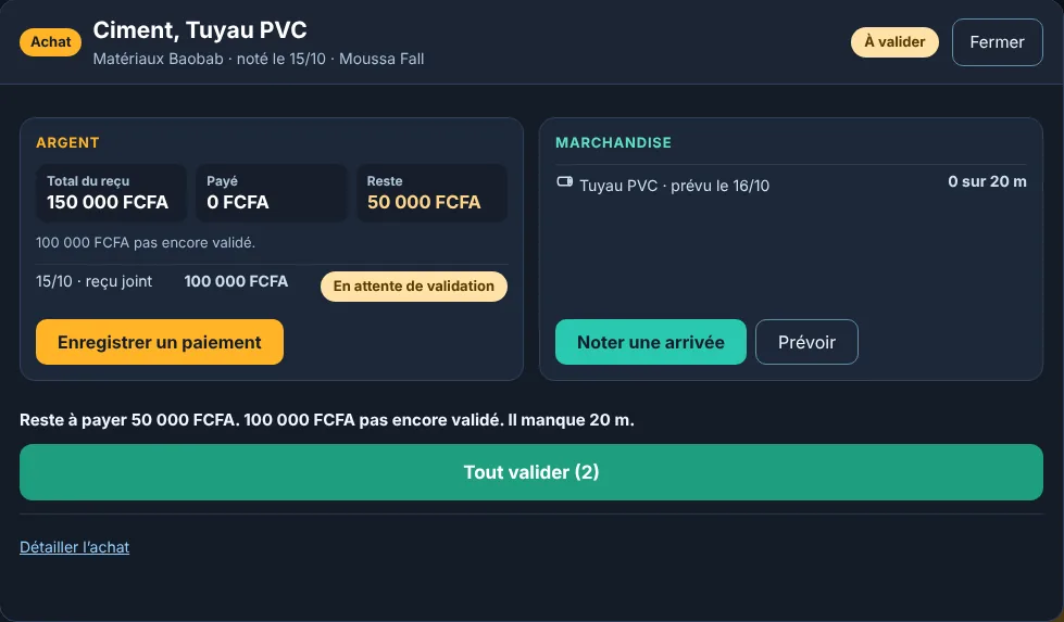 Bureau : fiche de l'achat Ciment, Tuyau PVC, total du reçu 150 000 FCFA, à valider