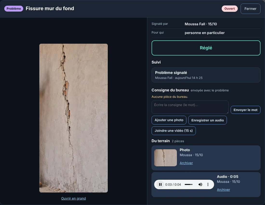 Bureau : fiche du problème avec la photo de la fissure en grand, l'audio et la consigne