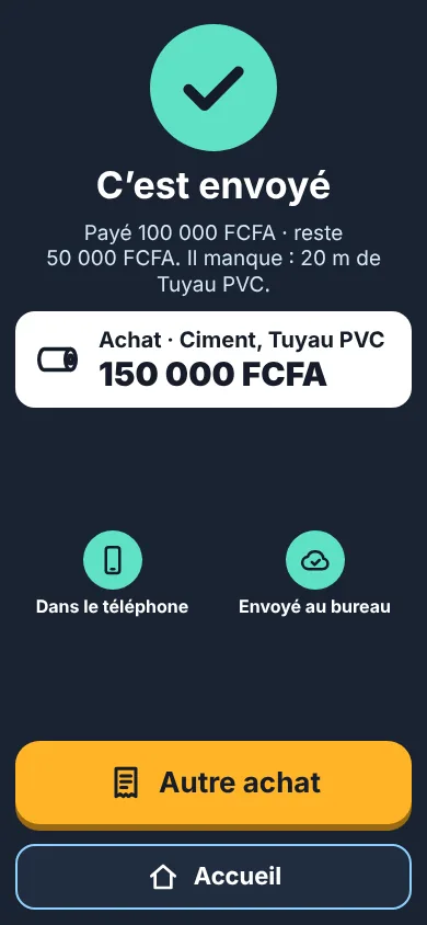 Mobile : achat Ciment, Tuyau PVC de 150 000 FCFA envoyé
