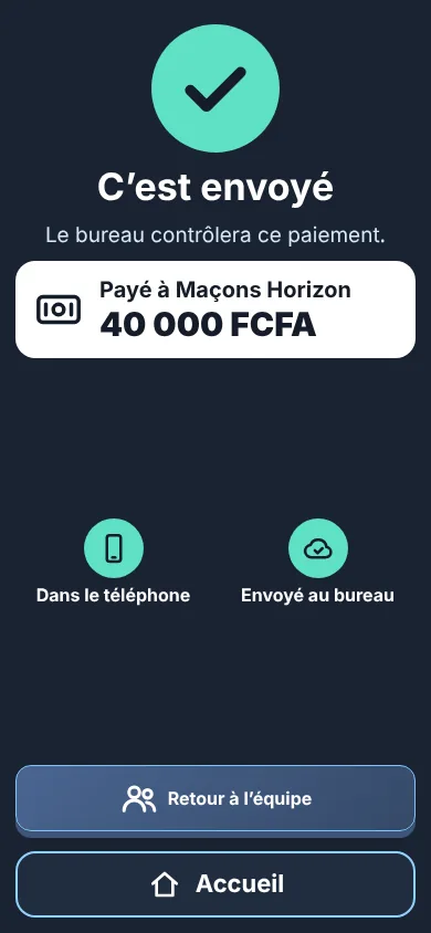 Mobile : paiement de 40 000 FCFA à Maçons Horizon envoyé