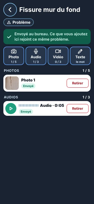 Mobile : problème « Fissure mur du fond » envoyé au bureau avec photo et audio